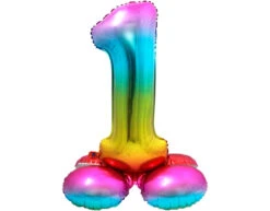 Folie Ballon Cijfer 1 Regenboog Met Standaard 72cm