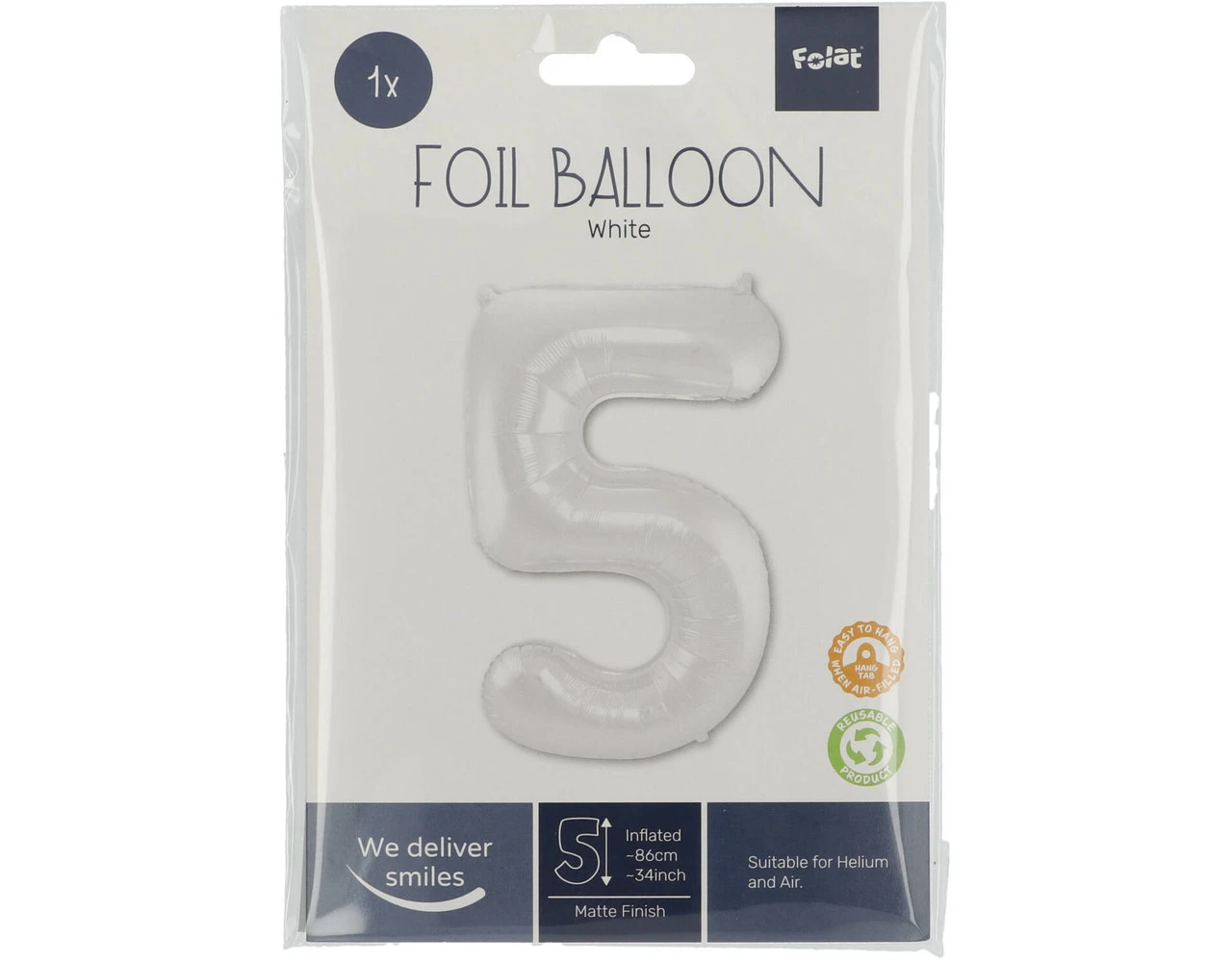 Folie Ballon Cijfer 5 Mat Wit XL 86cm Leeg 2 Folie Ballon Cijfer 5 Mat Wit XL 86cm Leeg - Afbeelding 2