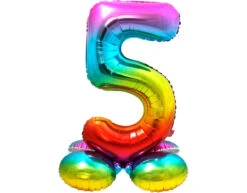 Folie Ballon Cijfer 5 Regenboog Met Standaard 72cm