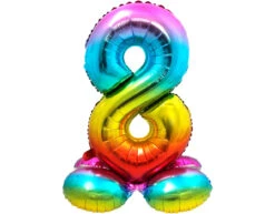 Folie Ballon Cijfer 8 Regenboog Met Standaard 72cm