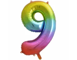 Folie Ballon Cijfer 9 Regenboog XL 86cm Leeg