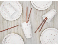 Witte Borden Rose Gouden Stippen 18cm 6st -Feestspullen Winkel witte borden rose gouden stippen 18cm 6st 2