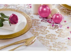 Witte Organza Stof Gouden En Zilveren Koningsbloem Print 36cm 9m -Feestspullen Winkel witte organza stof gouden en zilveren koningsbloem 4