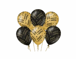 Ballonnen Happy Birthday Goud Zwart 30cm 6st