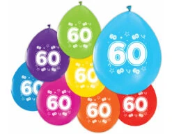 Gekleurde Ballonnen 60 Jaar 30cm 8st