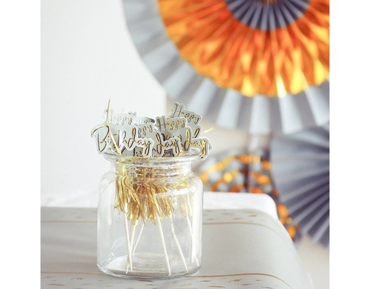 Happy Birthday Parasol Prikkers Golden Dawn 12cm 12st 3 Happy Birthday Parasol Prikkers Golden Dawn 12cm 12st - Afbeelding 3