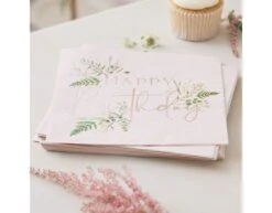 Roze Happy Birthday Servetten Bloemen 16,5cm 16st -Feestspullen Winkel roze happy birthday servetten bloemen 165cm 16st 2